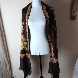 Brown Floral Embroidered Fringe Scarf Shawl